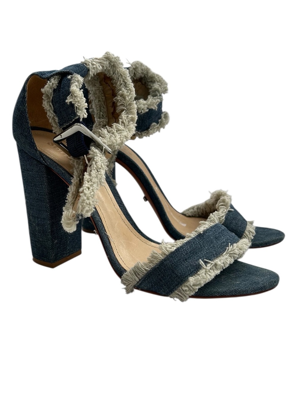 SCHUTZ Dark Blue Denim Frayed Block Heel Sandals